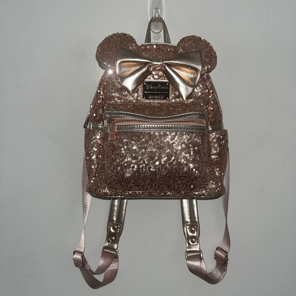 Disney Loungefly Rose Gold Sequin Minnie Mouse Ears Backpack